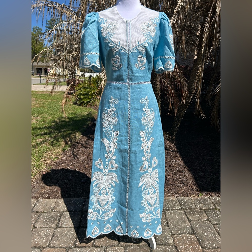 NWT🌷Farm Rio Floral Embroidery Linen Short Sleeve Open Back Midi Dress - Picture 4 of 12